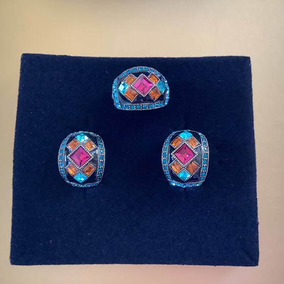 Heidi Daus Set Master Clasp Earrings and Ring Multi Colored Pierced Ring SZ 10 - Picture 12 of 15